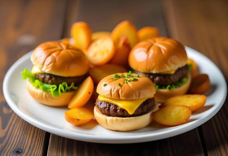 Mini Burgers and Fried Potatoes Served on a Party Plate